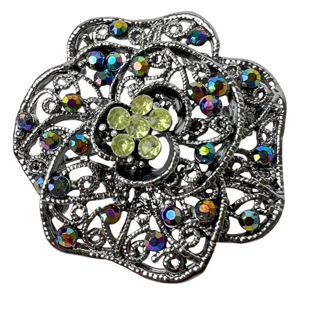 Vintage Green AB Brooch Retro Glam Aurora Borealis Rhinestones Classic Boho Chic